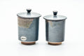 Japanese Teacups - Pair of Matte Drip-Glazed Meoto Yunomi - the pair of cups standing upright side by side, front view