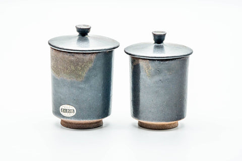 Japanese Teacups - Pair of Matte Drip-Glazed Meoto Yunomi - the pair of cups standing upright side by side, front view