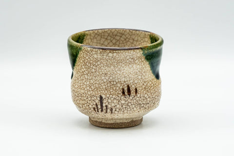 Japanese Teacup - Crazed Green Drip-Glazed Geometric Oribe-yaki Yunomi - 110ml