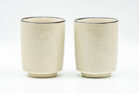 Japanese Teacups - Pair of Beige Long Grass Yunomi - 110ml - front view of the matching pair of cups