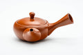 Red shudei Tokoname-yaki kyusu teapot with side handle, three-quarter view, smooth unglazed red clay.