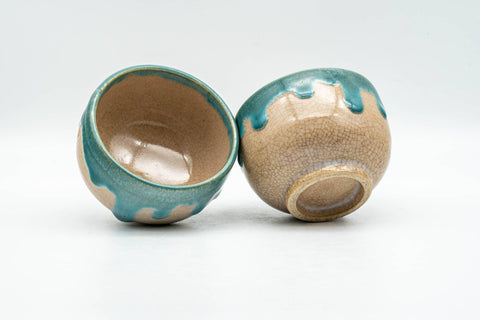 Tezumi — Japanese Teacups - Pair of Turquoise Drip-Glazed Agano-yaki Yunomi - 85ml — three-quarter view