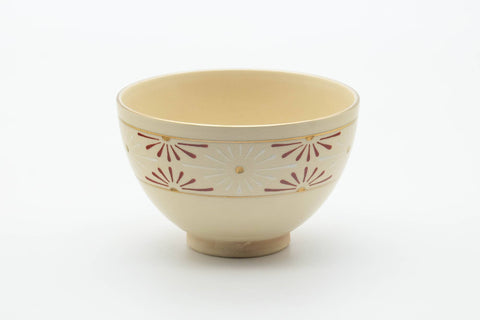 Tezumi — Japanese Matcha Bowl - Red White Geometric Beige Glazed Kyo-yaki Chawan - 400ml — front view from another angle