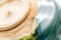 Tezumi — Japanese Matcha Bowl - Green Glazed Thumb-Indented Spiraling Chawan - 200ml — closeup of the glaze