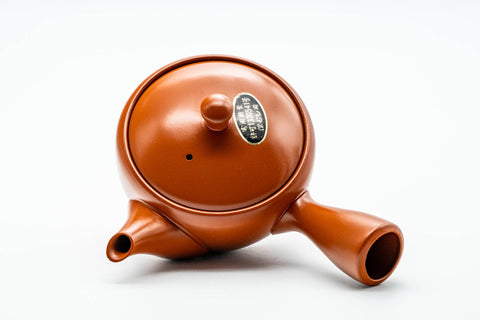 Japanese Kyusu - Calligraphy Engraved Tokoname-yaki Mesh Teapot - 275ml - overhead view showing the lid and side handle