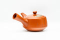 Japanese Kyusu - Calligraphy Engraved Red Shudei Tokoname-yaki Teapot - 270ml - side profile with the spout to the left