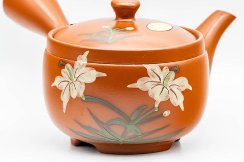 Japanese Kyusu - Yellow Flowers Tokoname-yaki Mesh Teapot - 400ml - three-quarter view showing the floral motifs and spout