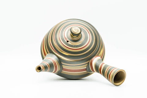 Japanese Kyusu - Green, Red, and Yellow Swirling Nerikomi Tokoname-yaki Do-ake Teapot - 240ml - lid removed showing the opening