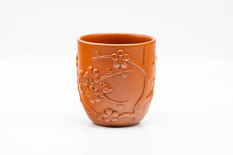 Tezumi — Japanese Teacup - Floral Sculpted Red Shudei Tokoname-yaki Yunomi - 125ml — front view from another angle