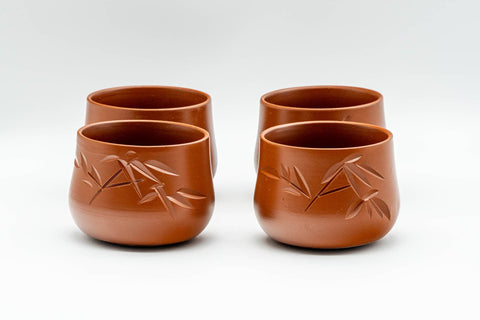 Japanese Tea Set - Bamboo Engraved Tokoname-yaki Debeso Kyusu Teapot with 4 Yunomi Teacups - two matching teacups, front view