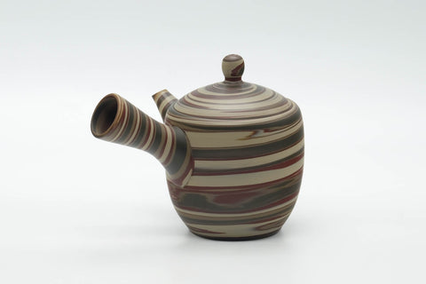 Tezumi — Japanese Kyusu - Green Red White Nerikomi Tokoname Teapot - 310ml — side view showing the spout
