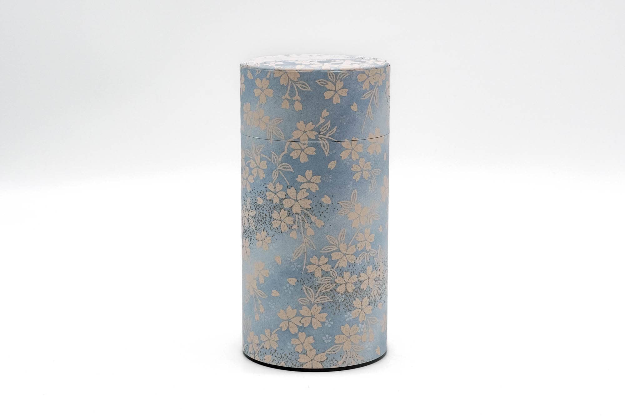 Japanese Chazutsu - 江東堂 Kotodo - Blue Beige Floral Sakura Washi Wrapped Metal Tea Canister - 200g