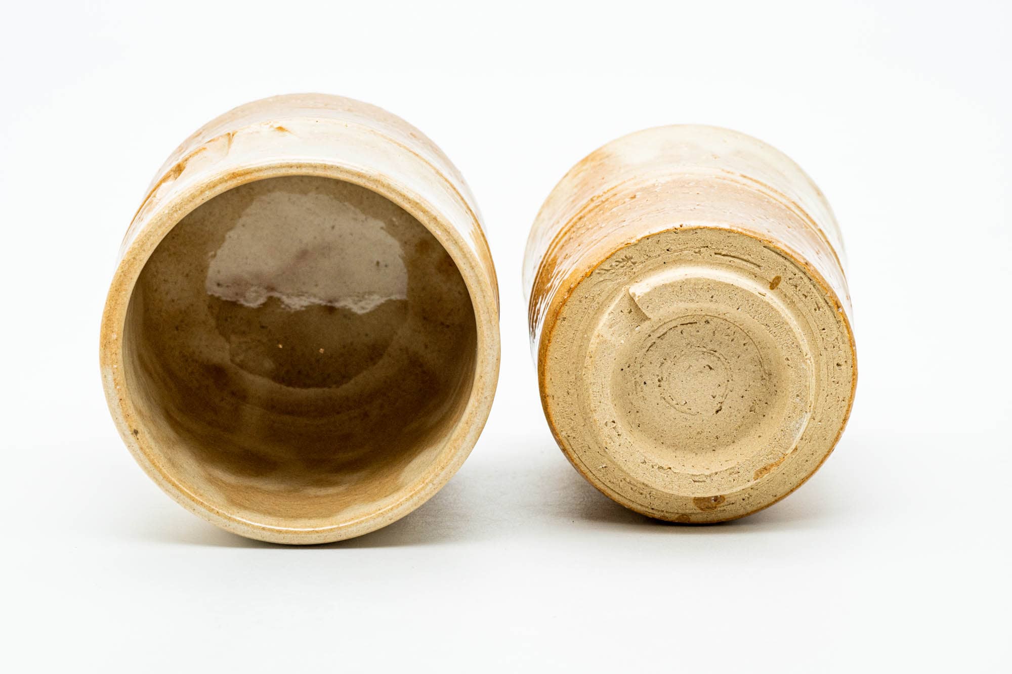 Japanese Teacups - Pair of Bamboo Engraved Hagi-yaki Meoto Yunomi