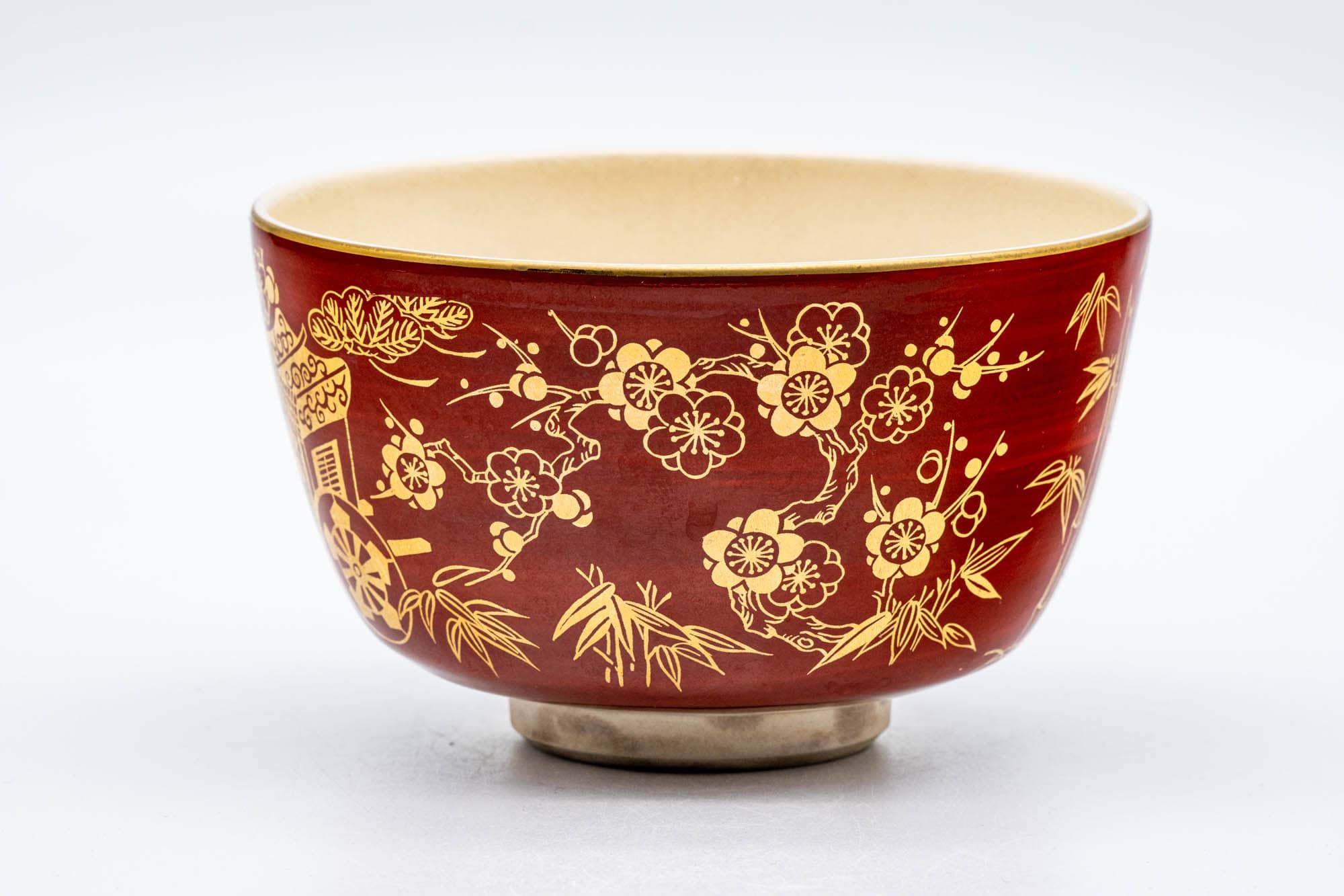Japanese Matcha Bowl - Bamboo Floral Gold Red Kyo-yaki Chawan - 250ml