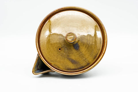 Japanese Tea Set - Green Purple Drip-Glazed Houhin Teapot with Katakuchi Water Cooler and 5 Yunomi Teacups - top-down view of the teapot lid