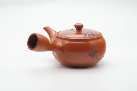 Japanese Kyusu - Large Floral Engraved Red Shudei Tokoname-yaki Mesh Filter Teapot - 500ml