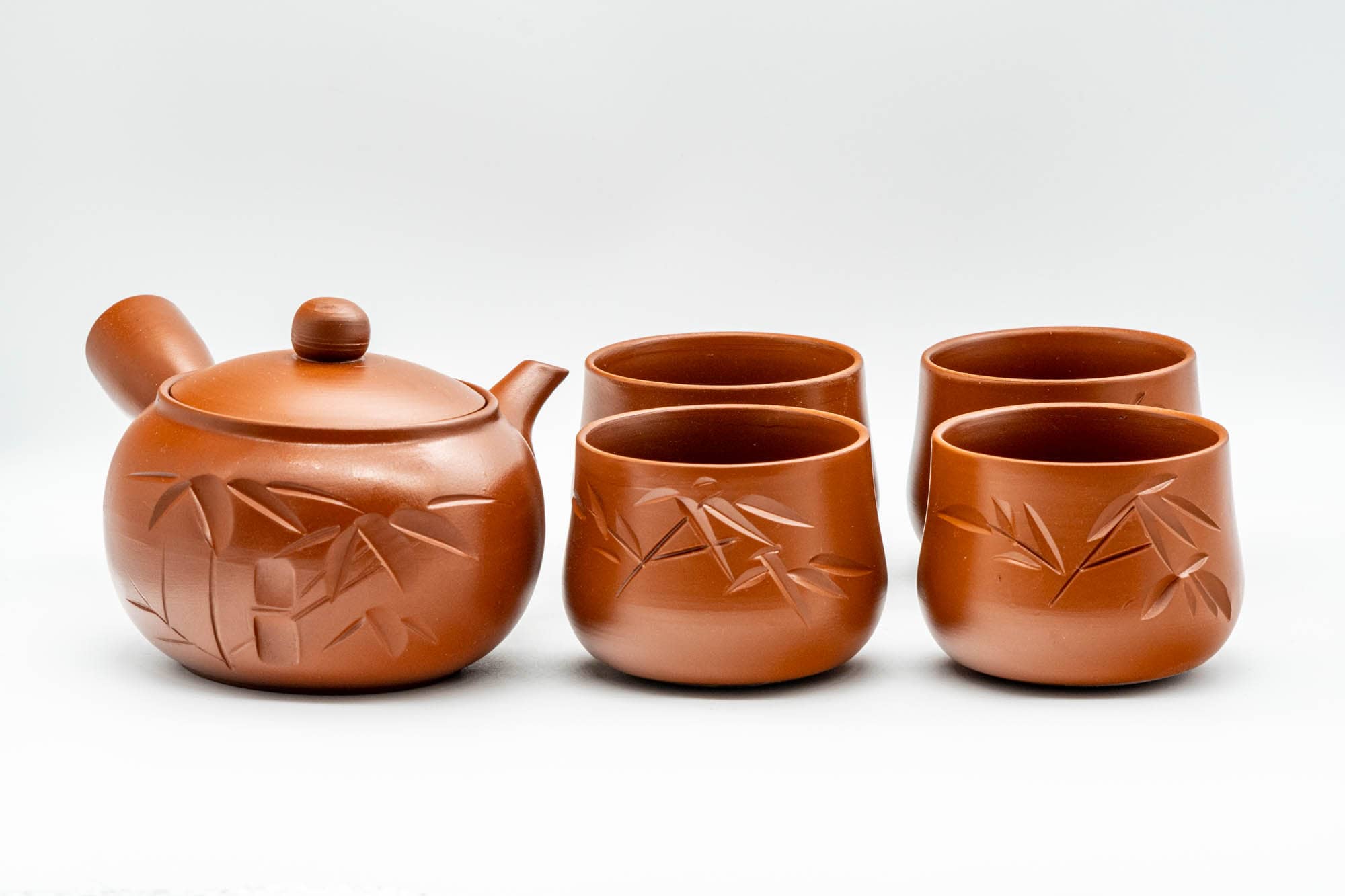 Japanese Tea Set - Bamboo Engraved Tokoname-yaki Debeso Kyusu Teapot with 4 Yunomi Teacups