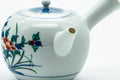 Japanese Kyusu - Blue Floral Porcelain Arita-yaki Ceramic Filter Teapot - 275ml - three-quarter view showing the spout and blue floral decoration