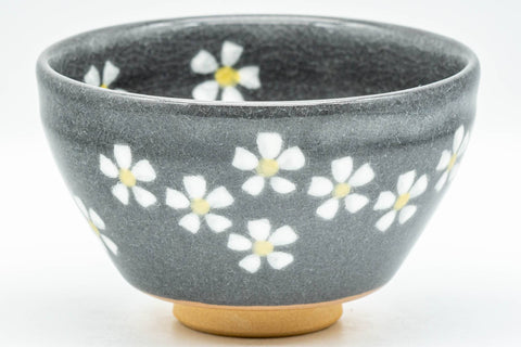 Japanese Matcha Bowl - Small Floral Grey Celadon-Glazed Tenmoku-gata Chawan 200ml - angled front view of the floral design