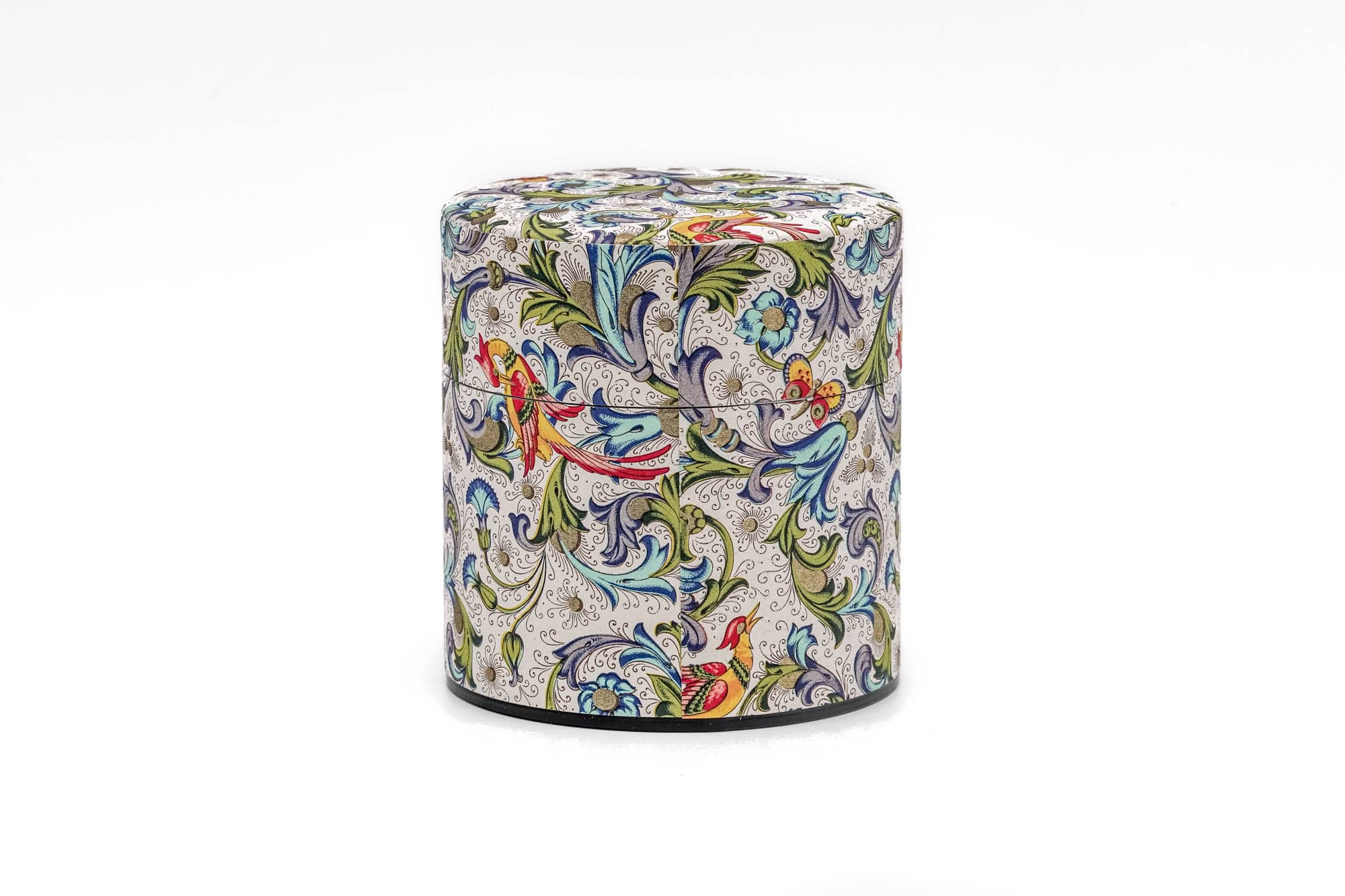 Japanese Chazutsu - 江東堂 Kotodo - Floral Butterfly Rooster Washi Wrapped Metal Tea Canister - 100g