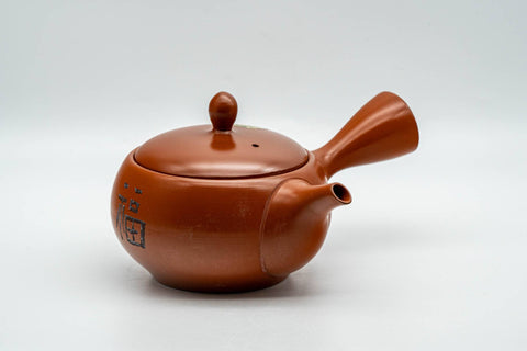 Tezumi — Japanese Kyusu - Kanji Engraved Red Shudei Tokoname-yaki Mesh Teapot - 350ml — three-quarter view
