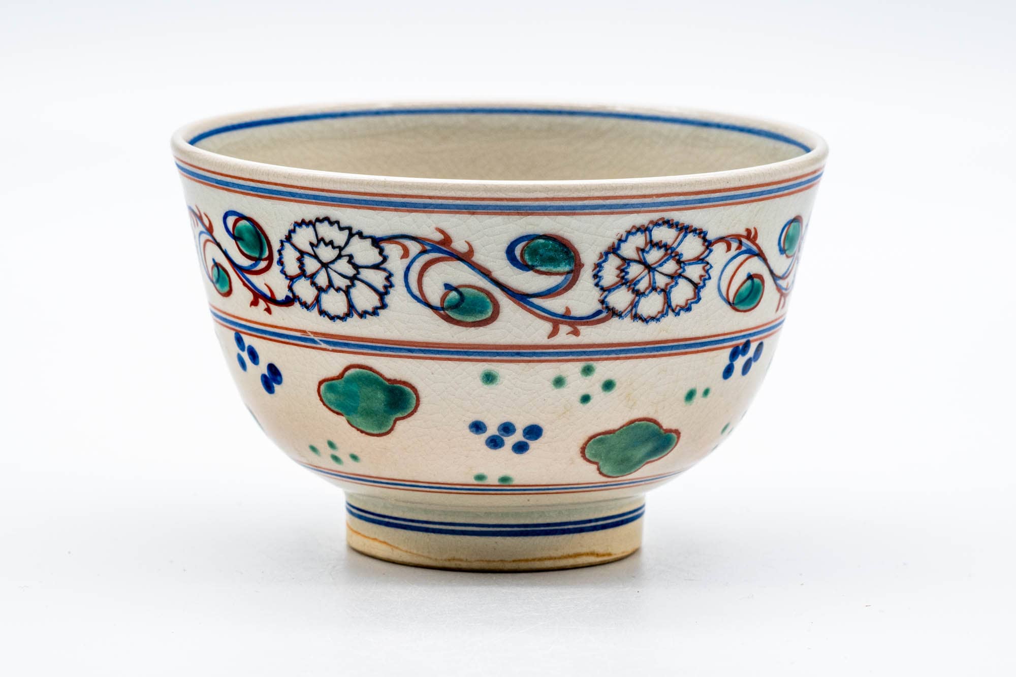 Japanese Matcha Bowl - Floral Geometric Trim Beni-Annan Chawan - 250ml