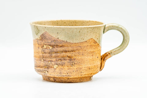 Japanese Teacup - Green Glazed Shigaraki-yaki Ushirode Rear-Handled Yunomi - 150ml - three-quarter view showing the rear handle