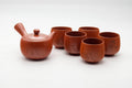 Tezumi — Japanese Tea Set - Kanji Engraved Tokoname-yaki Kyusu Teapot with 5 Yunomi Teacups — the full set arranged together