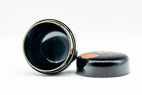 Japanese Natsume - Chrysanthemum Floral Black Lacquer Matcha Tea Caddy - 100ml - open caddy showing the interior with the lid beside it