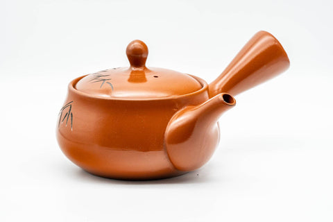 Tezumi — Japanese Kyusu - Bamboo Engraved Tokoname-yaki Mesh Teapot - 350ml — side view with the lid and side handle