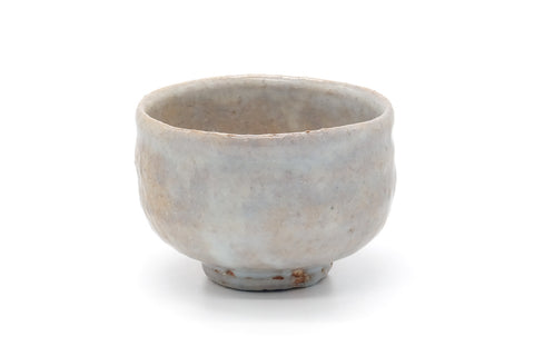 Front view of the milky Hagi chawan showing the even glaze.