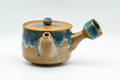 Japanese Tea Set - Agano-yaki Blue Drip-Glazed Do-ake Kyusu Teapot with 2 Yunomi Teacups - teapot from above showing the lid and side handle