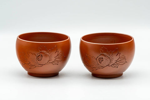 Japanese Teacups - Pair of Floral Engraved White Inner Glazed Tokoname-yaki Yunomi - 125ml - both red clay cups, front view