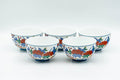 Japanese Tea Set - Floral Arita-yaki Debeso Kyusu Teapot with 5 Yunomi Teacups - row of the five teacups