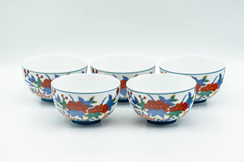 Japanese Tea Set - Floral Arita-yaki Debeso Kyusu Teapot with 5 Yunomi Teacups - row of the five teacups