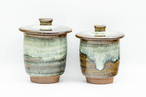 Japanese Teacups - Pair of Beige Hare's Fur Drip-Glazed Lidded Meoto Yunomi with Wooden Box