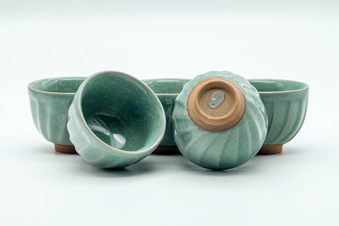 Japanese Tea Set - Green Celadon Glazed Kyusu Teapot with 5 Yunomi Teacups
