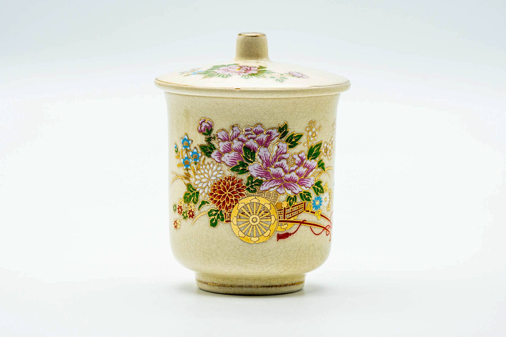 Japanese Teacup - Beige Gold Floral Kiyomizu-yaki Lidded Yunomi - 160ml