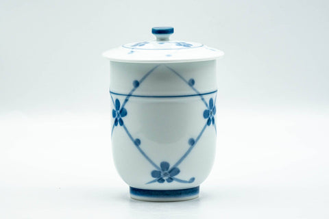 Japanese Teacup - Blue Floral Geometric Arita-yaki Lidded Yunomi - 160ml
