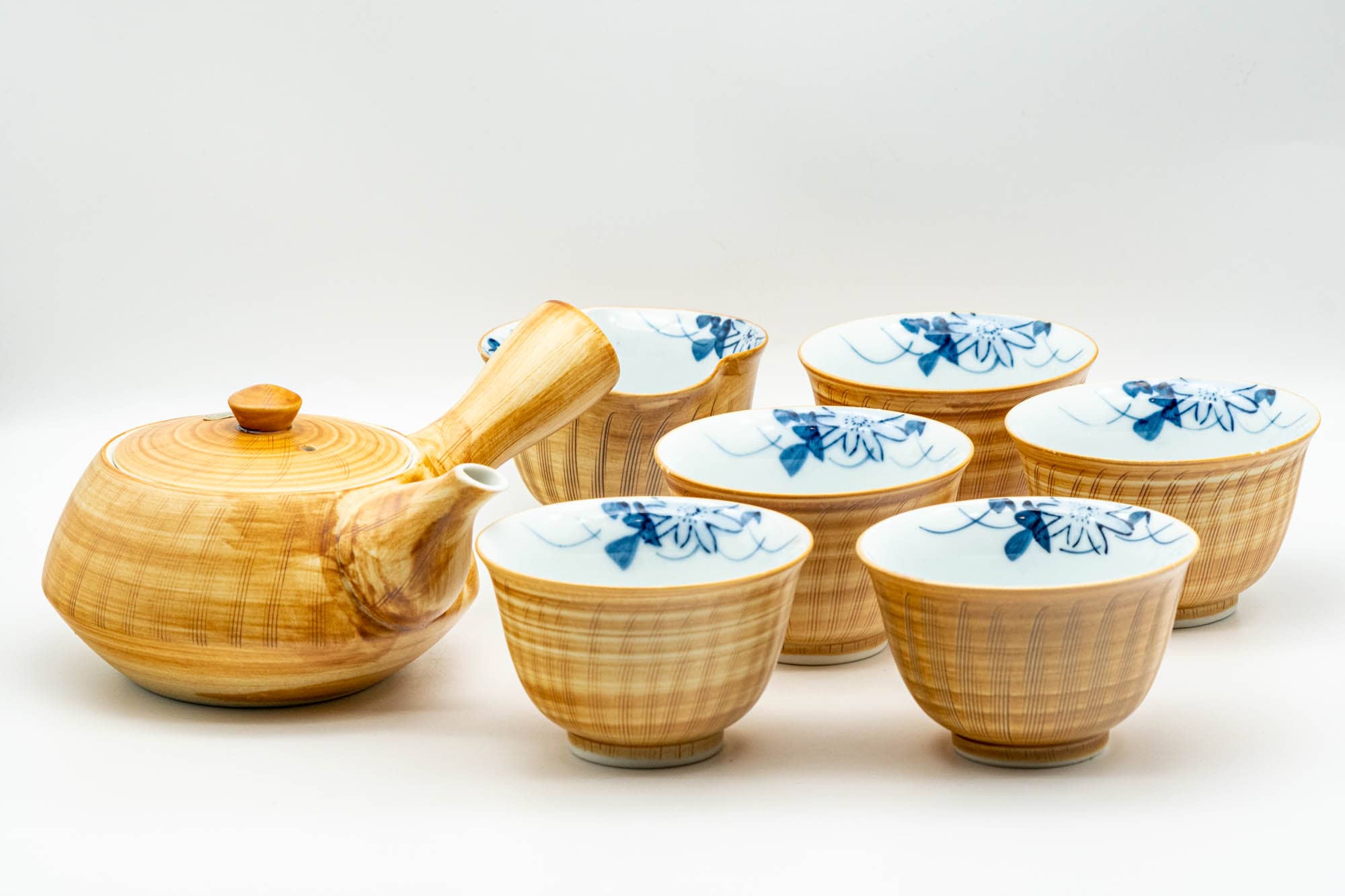 Japanese Tea Set - Yellow Blue Floral White Inner-Glazed Arita-yaki Kyusu Teapot with Katakuchi Water Cooler and 5 Yunomi Teacups