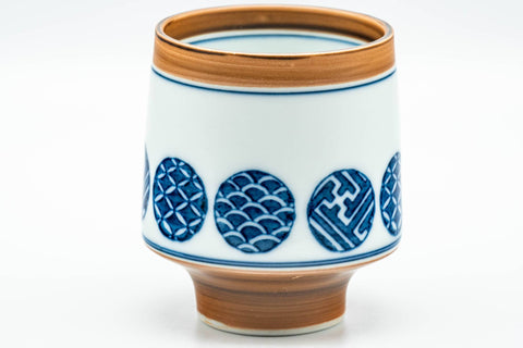 Tezumi — Japanese Teacups - Pair of Blue Orange Geometric Arita-yaki Meoto Yunomi — top-down view of the interior