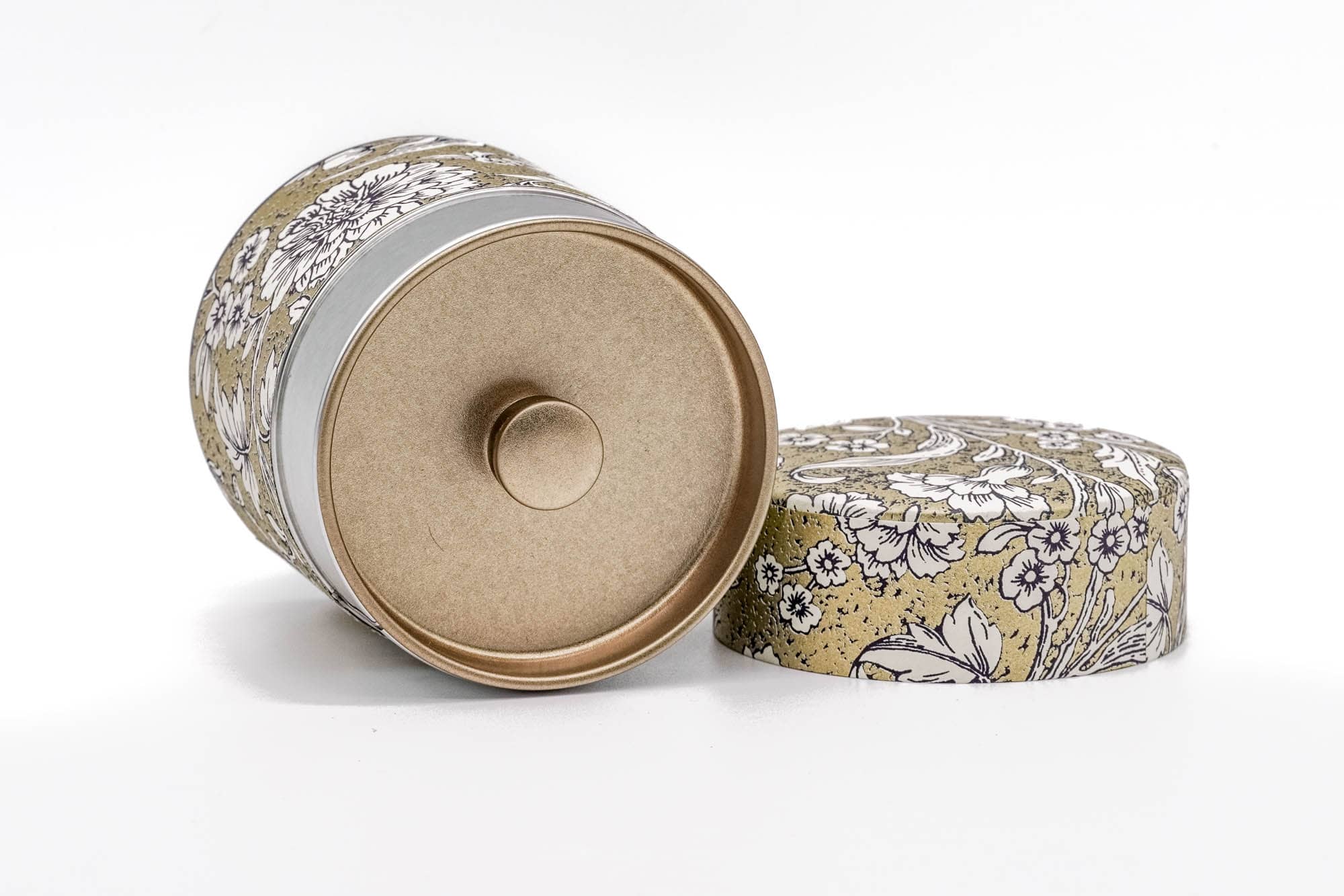 Japanese Chazutsu - 江東堂 Kotodo - Gold White Floral Washi Wrapped Metal Tea Canister - 100g