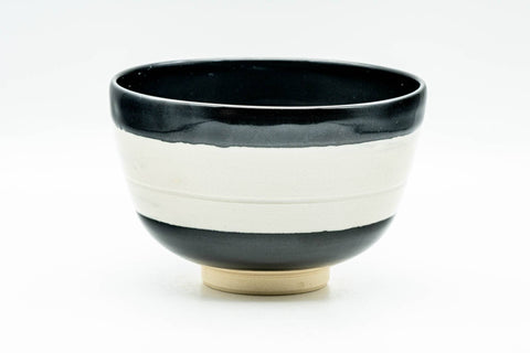 Japanese Matcha Bowl - Black White Stripe Glazed Kyo-yaki Chawan - 350ml