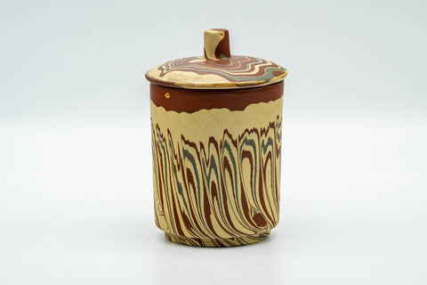Tezumi — Japanese Teacup - Red Yellow Marbled Nerikomi Tokoname-yaki Lidded Yunomi - 150ml — three-quarter view