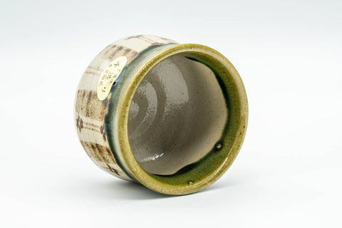 Japanese Teacup - Floral Green Drip-Glazed Oribe-yaki Guinomi - 50ml - high-angle view showing the rim and interior