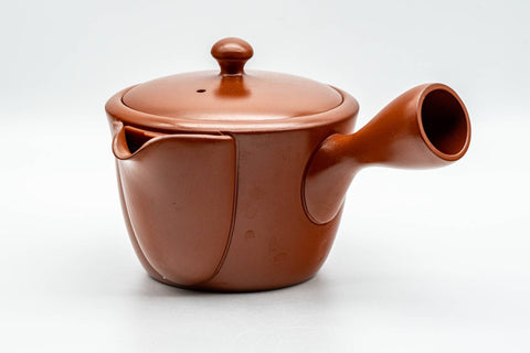 Tezumi — Japanese Kyusu - Plum Blossom Engraved Tokoname-yaki Mesh Teapot - 300ml — side view showing the spout