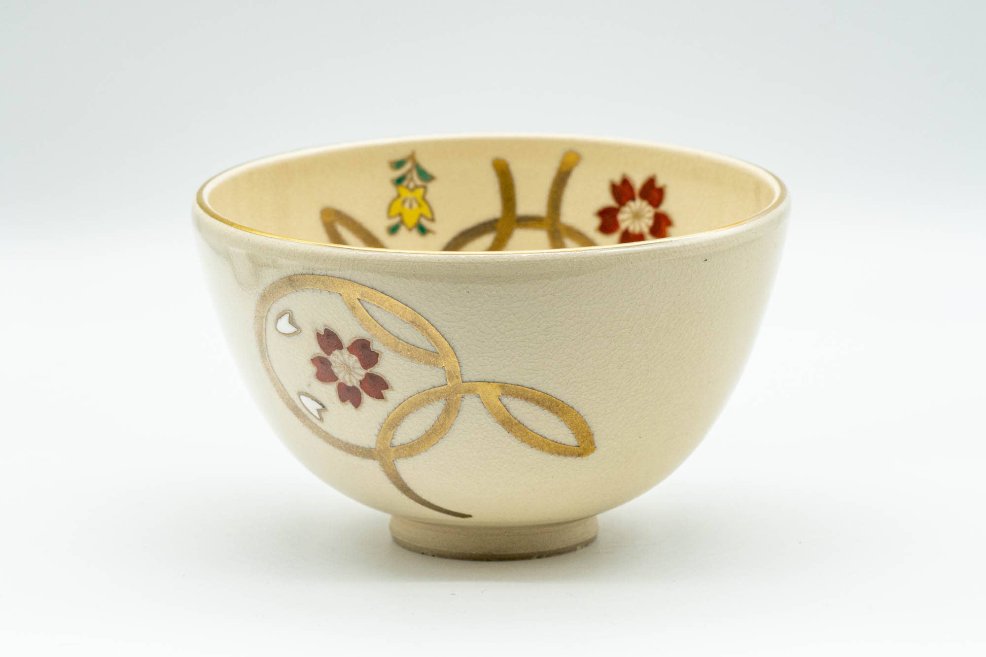 Japanese Matcha Bowl - Floral Geometric Gold Kyo-yaki Chawan - 300ml