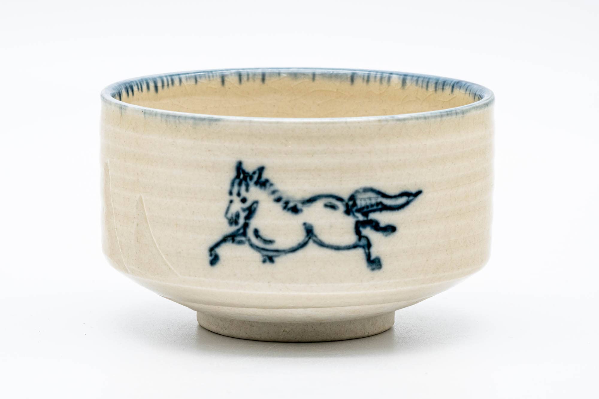 Japanese Matcha Bowl - Beige Blue Horses Hantsutsu-gata Chawan - 450ml