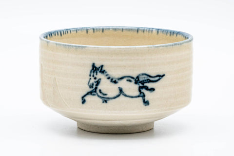 Japanese Matcha Bowl - Beige Blue Horses Hantsutsu-gata Chawan - 450ml