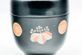 Japanese Natsume - Chrysanthemum Floral Black Lacquer Matcha Tea Caddy - 100ml - close-up of the chrysanthemum floral motif on the body